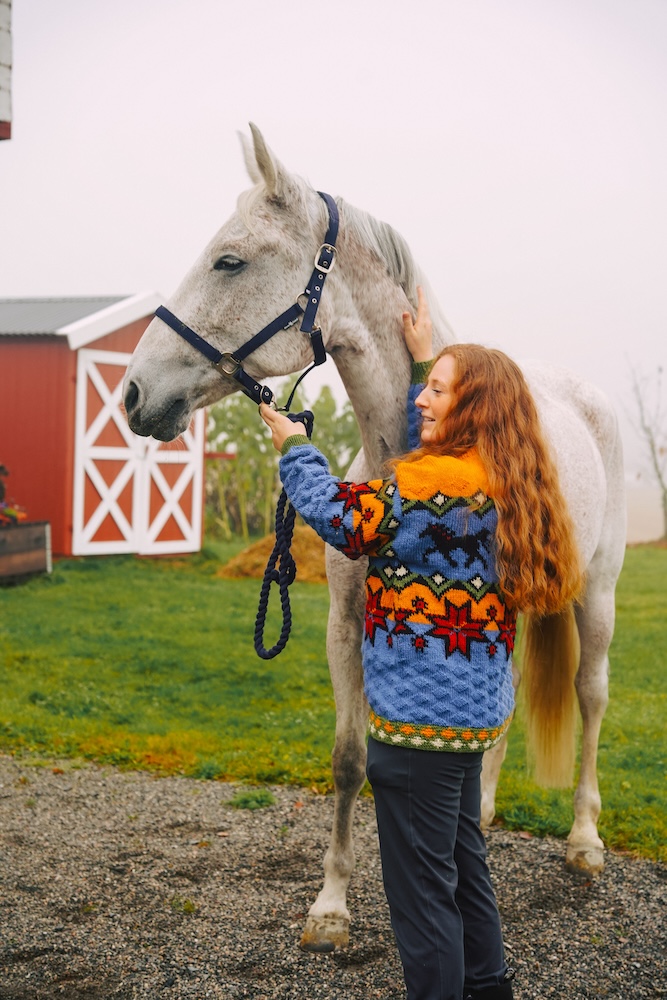 Norwegischer Dølahest-Pullover in Mittelblau und Olivgrün